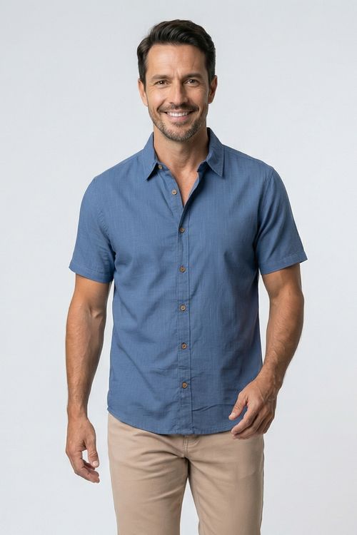 Camisa Masculina Azul Médio Efeito Linho