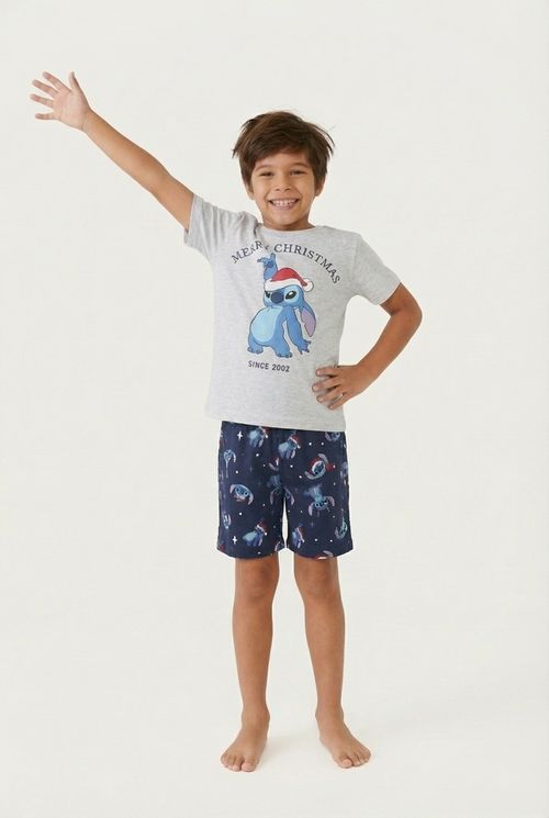 Pijama Infantil Cinza Mescla Azul Marinho Stitch Natal