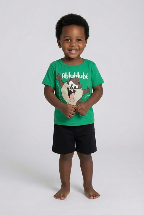 Conjunto Infantil Menino Camiseta Verde e Bermuda Preta Taz