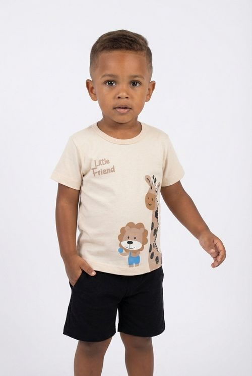 Camiseta Infantil Menino Bege Claro Estampa Girafa e Leão