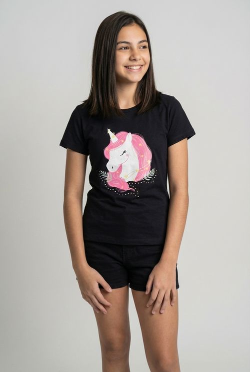 Blusa Infantil Menina Preto Unicórnio