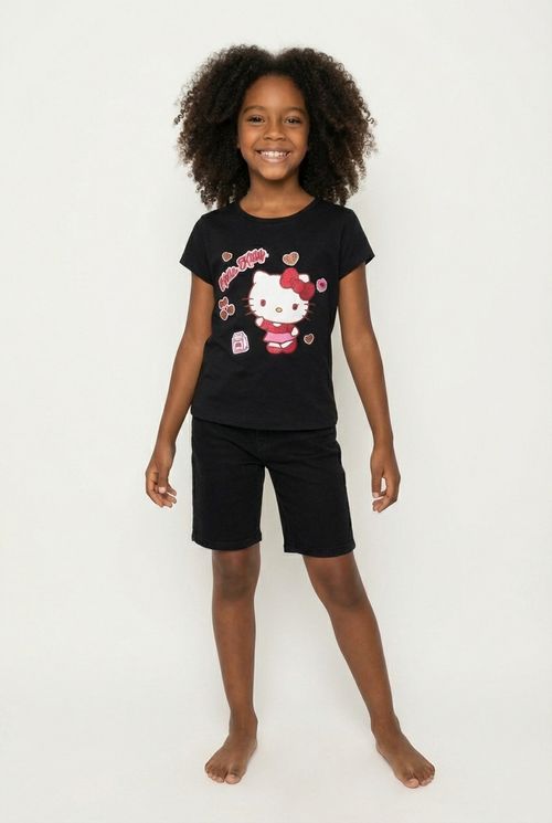 Blusa Infantil Menina Preta Hello Kitty Brilhante