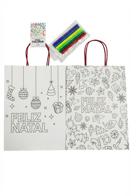 Kit Criativo Sacolas Infantil Branco Contornos para Colorir Natalino
