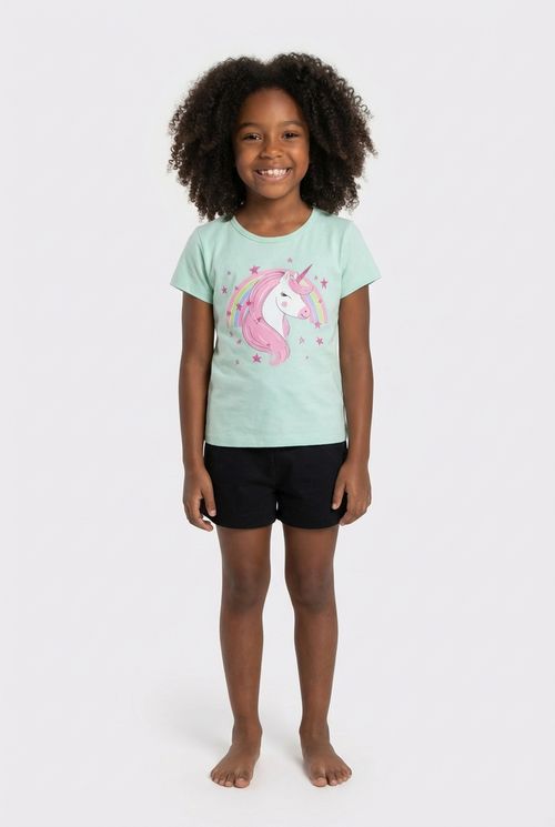 Blusa Infantil Menina Verde Claro Unicórnio Mágico Arco-Íris