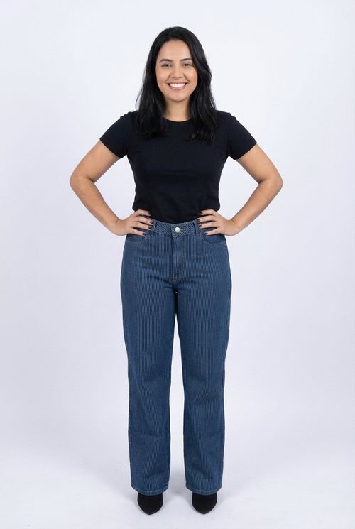 Calça Jeans Wide Leg Feminina Azul Escuro Listrada