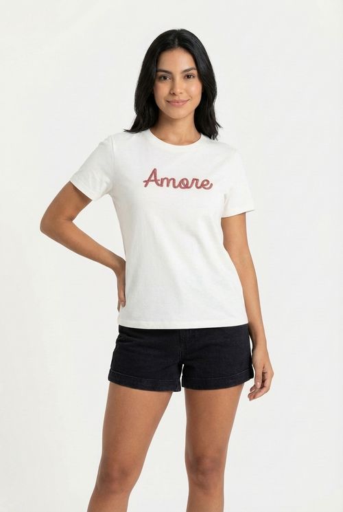 Blusa Feminina Off White Bordado Amore em Relevo