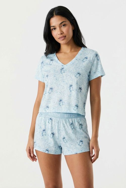 Pijama Short Doll Feminino Azul Claro Stitch Disney