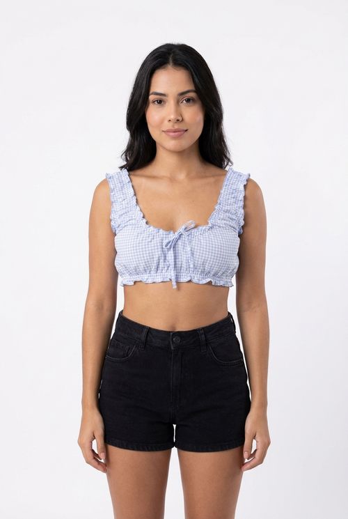 Blusa Cropped Feminina Azul Claro Vichy Xadrez