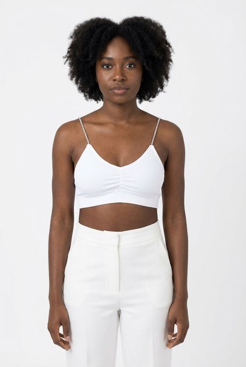 Sutiã Bralette Feminino Canelado Branco Alças Strass