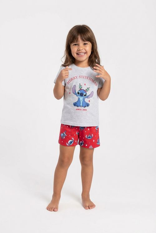 Pijama Infantil Menina Cinza Vermelho Estampa Stitch Natal