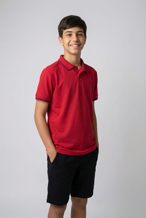 Camiseta Polo Infantil Menino Vermelha 10-16 Anos Detalhes Azul