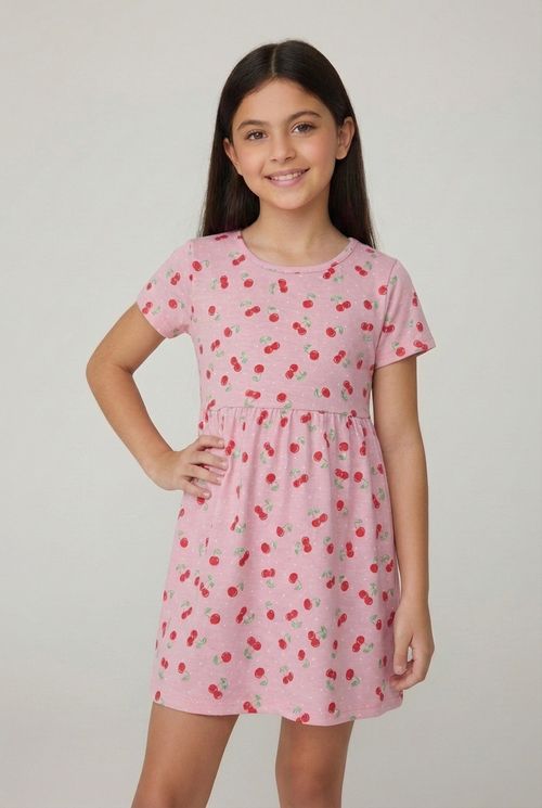 Vestido Infantil Menina Rosa Claro Cerejas e Poás
