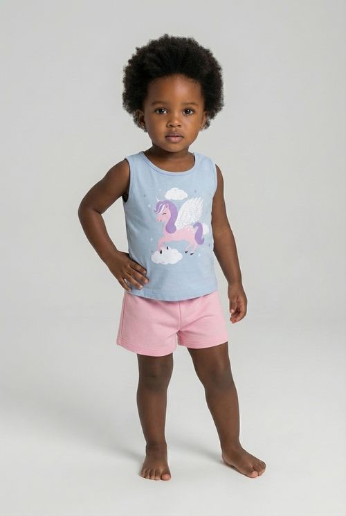 Conjunto Regata e Shorts Infantil Menina Azul Claro/Rosa Unicórnio