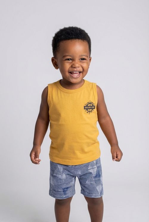 Conjunto Infantil Menino Amarelo e Azul Estampa Náutica