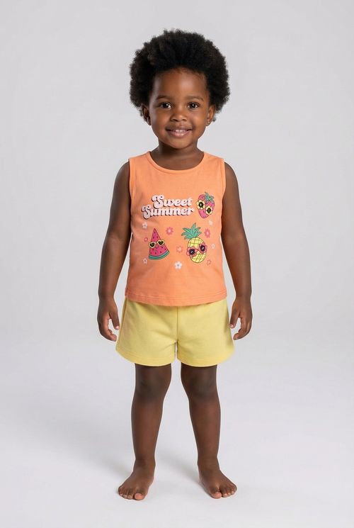 Conjunto Regata Short Infantil Menina Coral Amarelo Frutas