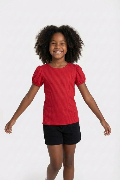 Blusa Infantil Menina Vermelha Canelada Manga Bufante Laise