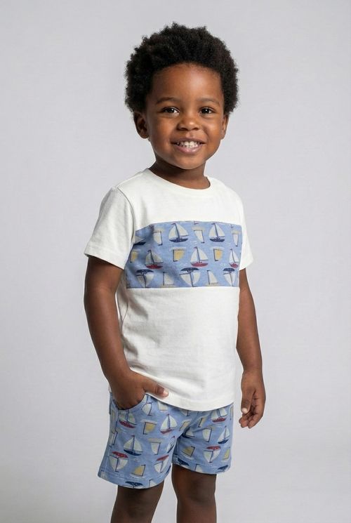 Conjunto Infantil Menina Creme e Azul Náutico Barquinhos