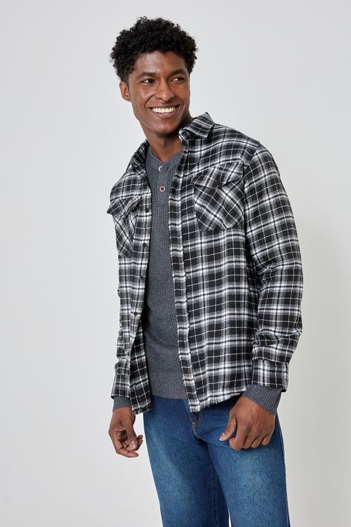 Camisa Masculina Caedu Xadrez Flanela Bolso Manga Longa Preta