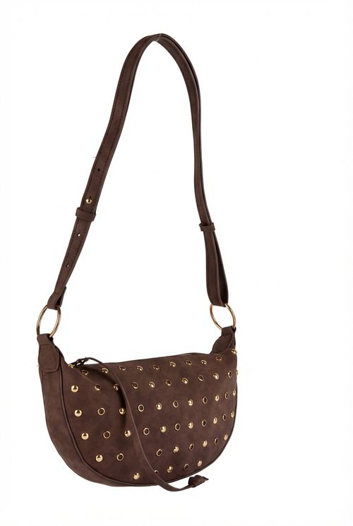 Bolsa Croissant Feminina Marrom Escuro Tachas Douradas