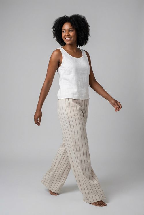 Calça Pantalona Feminina Bege Claro Risca de Giz