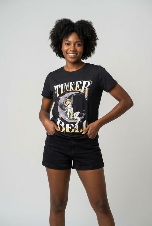 Blusa Feminina Preta Sininho na Lua Mágica Estrelada