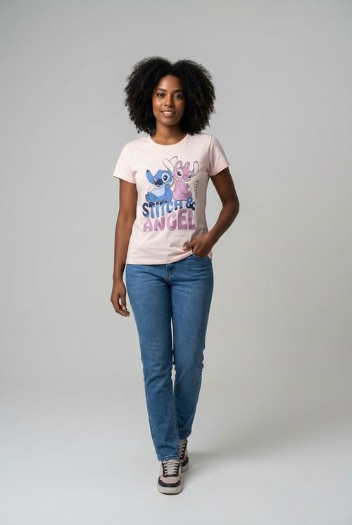 Blusa Feminina Rosa Claro Estampa Disney Stitch & Angel