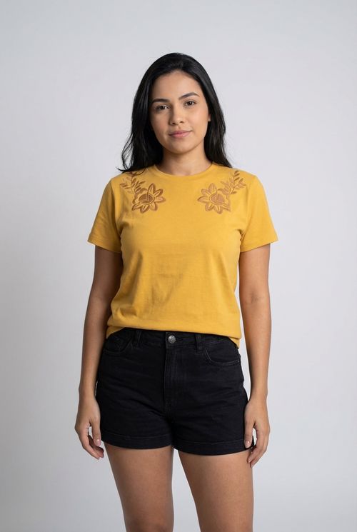 Blusa Feminina Amarela Mostarda Bordado Floral