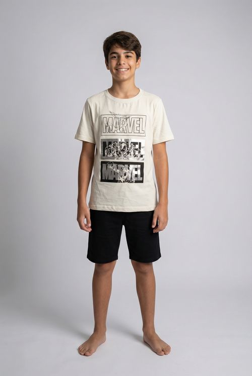 Blusa Juvenil Off White Estampa Tripla de Heróis Marvel