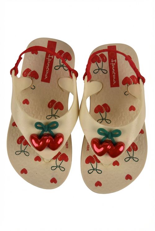 Chinelo Infantil Menina Bege Baby Cerejinhas e Corações