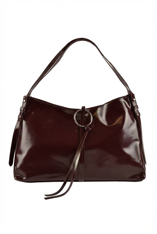 Bolsa de Ombro Feminina Café Brilhante Argola Prateada