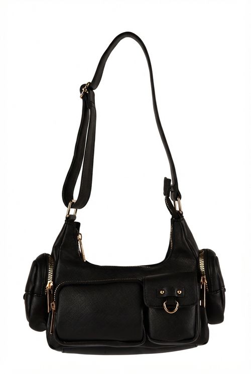 Bolsa Tiracolo Feminina Preta com Bolsos e Dourado