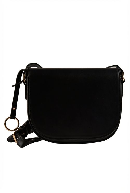 Bolsa Transversal Feminina Preta Lisa com Detalhes Dourados