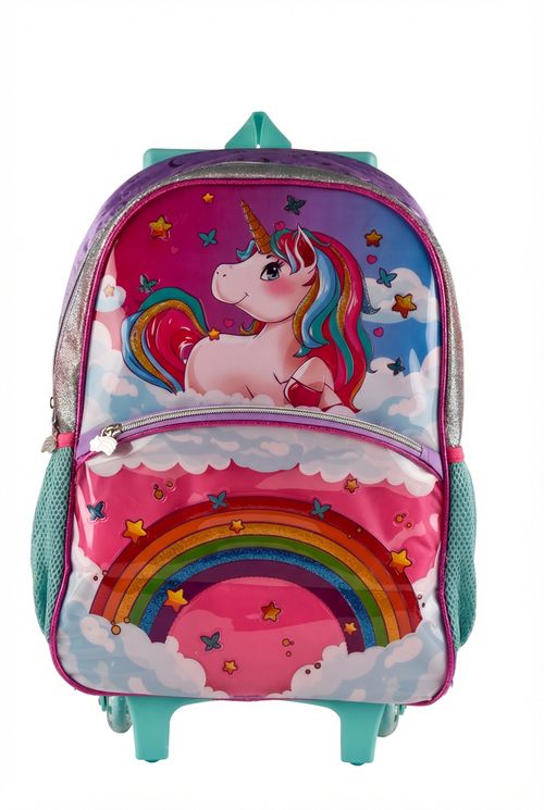 Mochila de Rodinhas Infantil Menina Unicórnio Arco-Íris