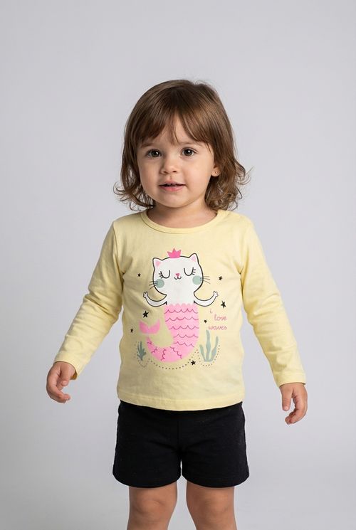 Blusa Infantil Menina Amarelo Claro Gatinha Sereia