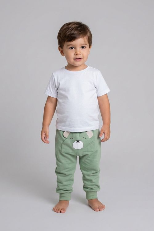 Calça de Moletom Infantil Verde Ursinho com Orelhinhas