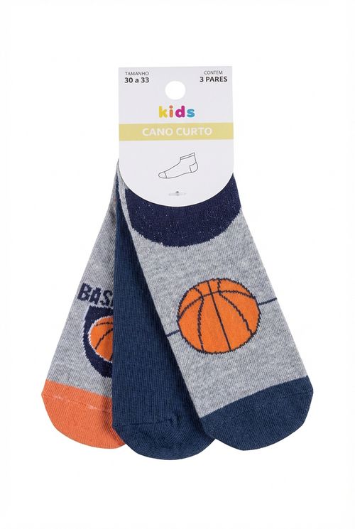 Meias Infantil Kit 3 Cano Curto Cinza Azul Laranja Basquete 30-33