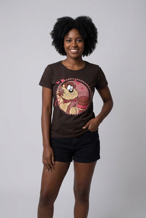 Blusa Feminina Marrom Taz Mania Macarons e Corações