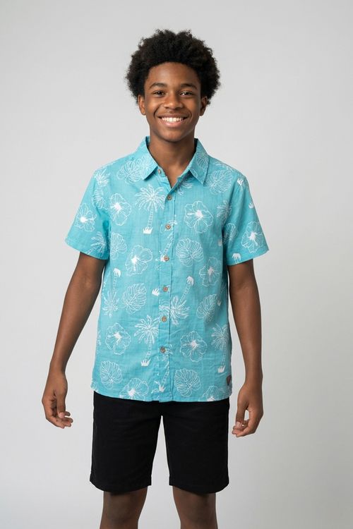 Camisa Infantil Menino Aqua Tropical Palmeiras Hibiscos