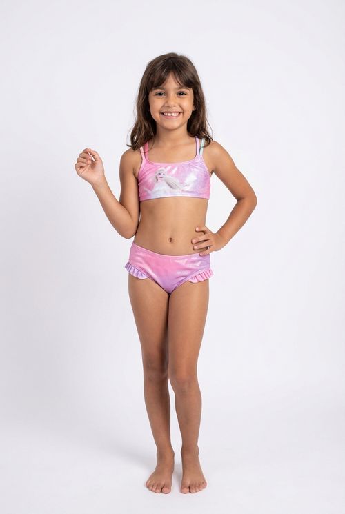 Conjunto Biquíni Infantil Menina Rosa Lilás Elsa Frozen Glitter