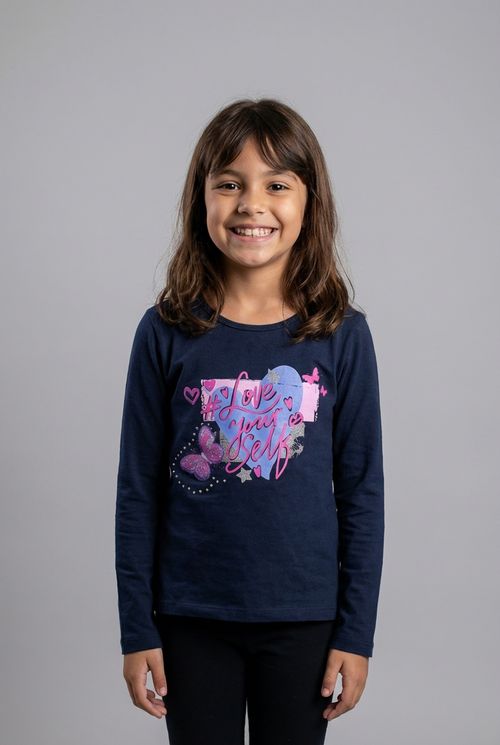 Blusa Manga Longa Infantil Menina Azul Marinho Borboleta Glitter
