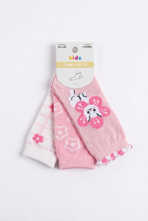 Kit 3 Meias Cano Curto Infantil Menina Rosa Estampa Gatinho Flor