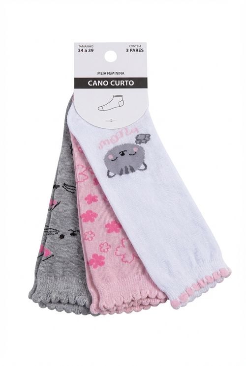Kit 3 Meias Cano Curto Femininas Est. Gatinhos Flores Babado