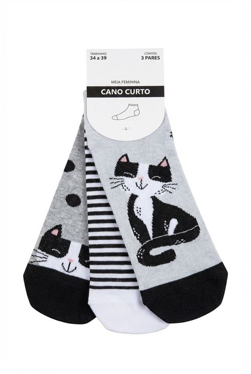 Kit 3 Meias Femininas Cano Curto Tam. 34-39 Gatinho Poá Listras