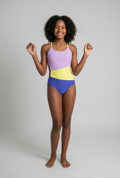 Maiô Infantil Menina Lilás Amarelo Azul Color Block Juvenil