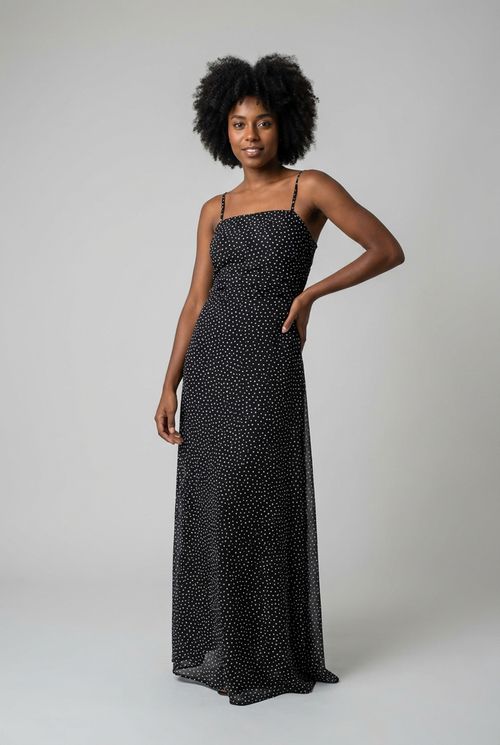 Vestido Longo Feminino Preto e Branco Poá