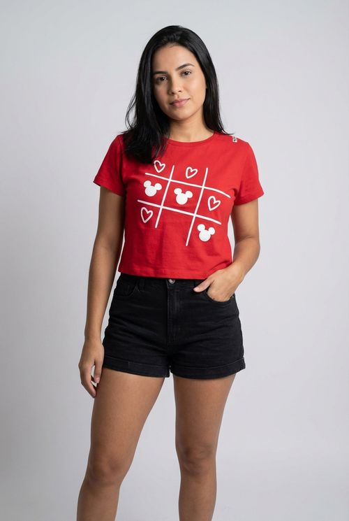 Blusa Cropped Feminina Vermelha Jogo da Velha Mickey e Corações