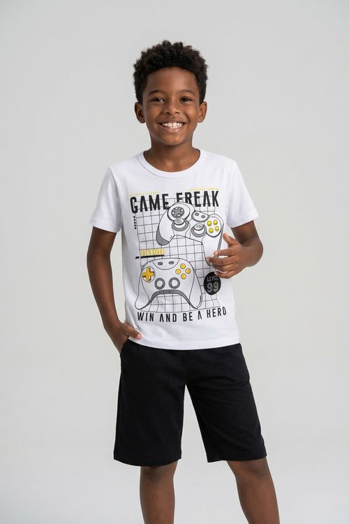 Conjunto Infantil Menino Branco e Preto Estampa Game Freak