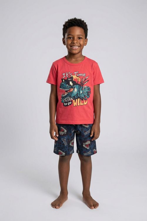 Conjunto Infantil Menino Vermelho Azul T-Rex Jurassic