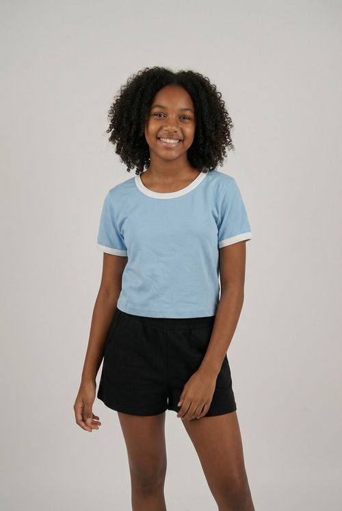 Blusa Infantil Menina Azul Pastel com Off-White