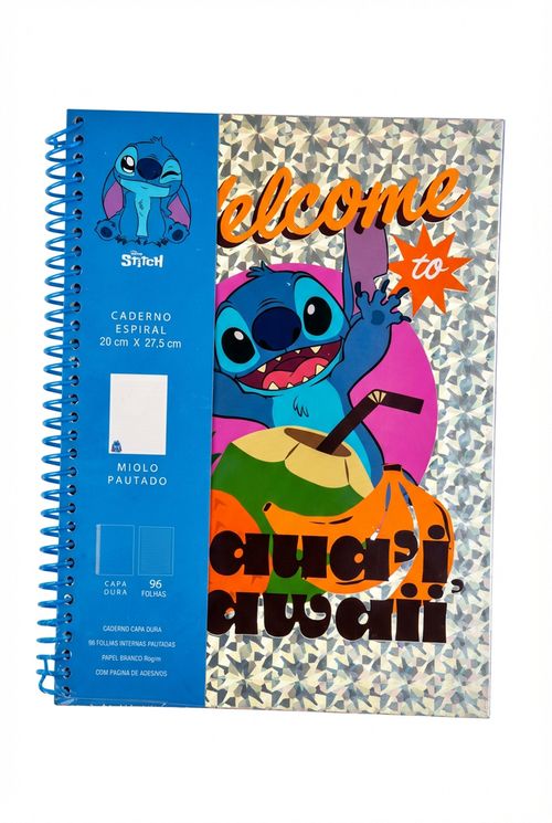 Caderno Espiral Infantil Menina Holográfico Estampa Stitch Hawaii